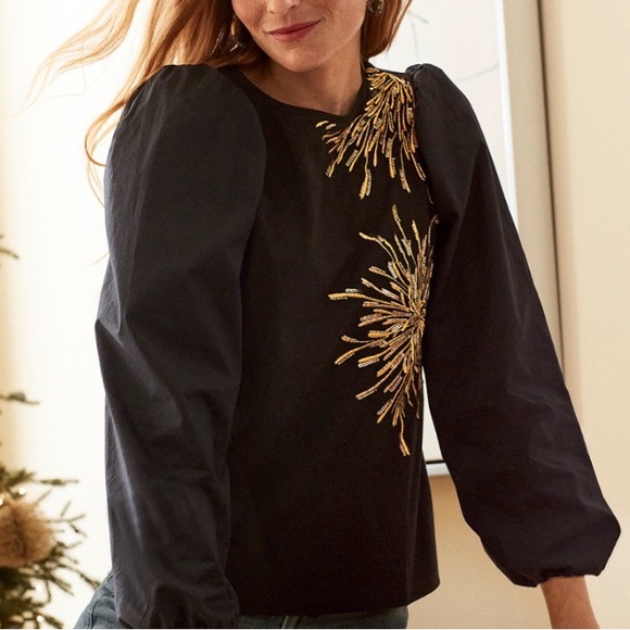 Chico's Tops - Chico's Sz 2 Fireworks Embroidered Metallic Sequin Blouse Poplin Puff Sleeve L